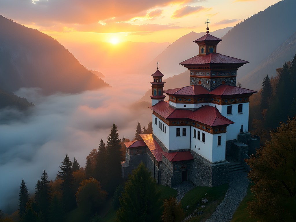 Rila Monastery at sunrise with mountain backdrop in Bulgaria