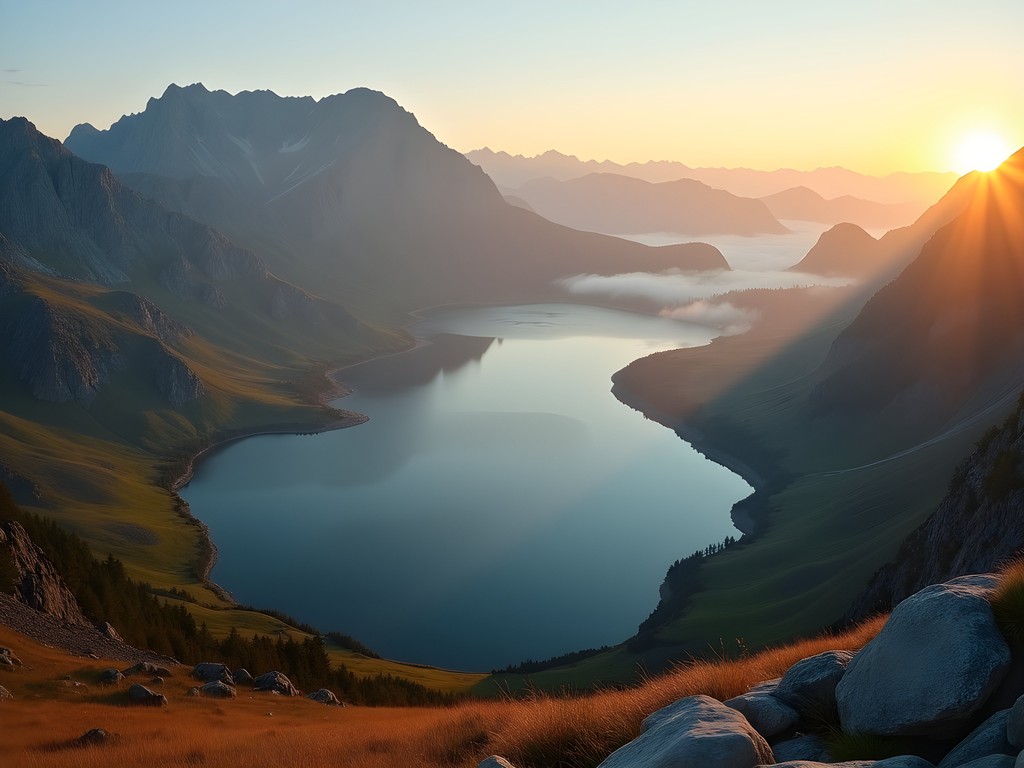Panoramic view of all Seven Rila Lakes at sunrise from ridge viewpoint