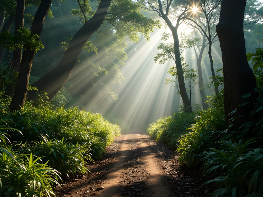 Sunlight filtering through Tijuca Forest canopy on hiking trail in Rio de Janeiro