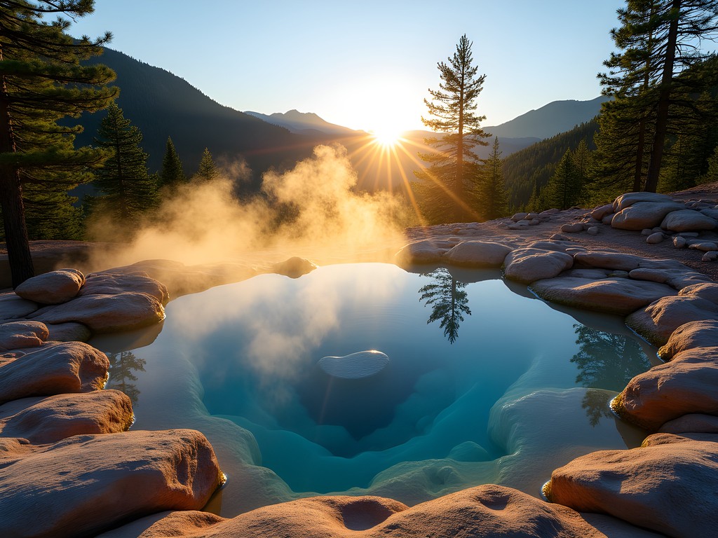 Spence Hot Springs in Jemez Mountains at sunrise with steam rising from pools