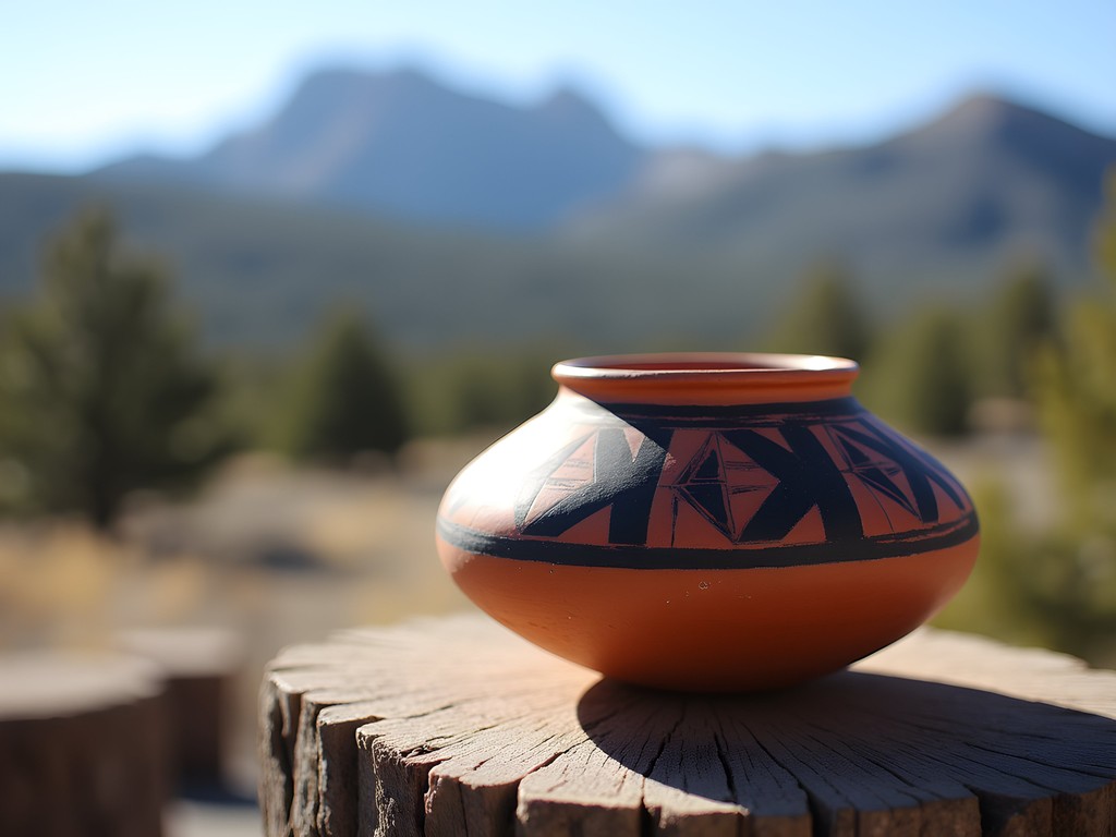 Traditional pottery from Jemez Pueblo with mountains in background