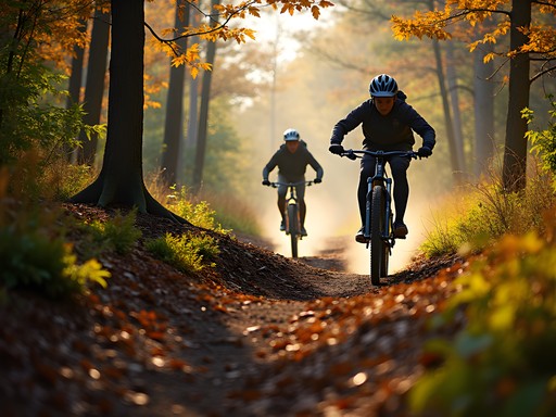 Group mountain biking on Adela Trails through autumn forest in Rock Hill