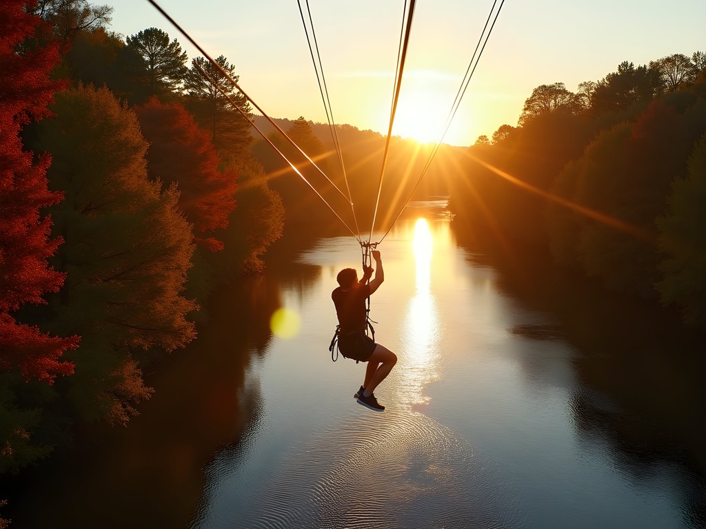 Person ziplining over Catawba River during golden hour with autumn foliage below