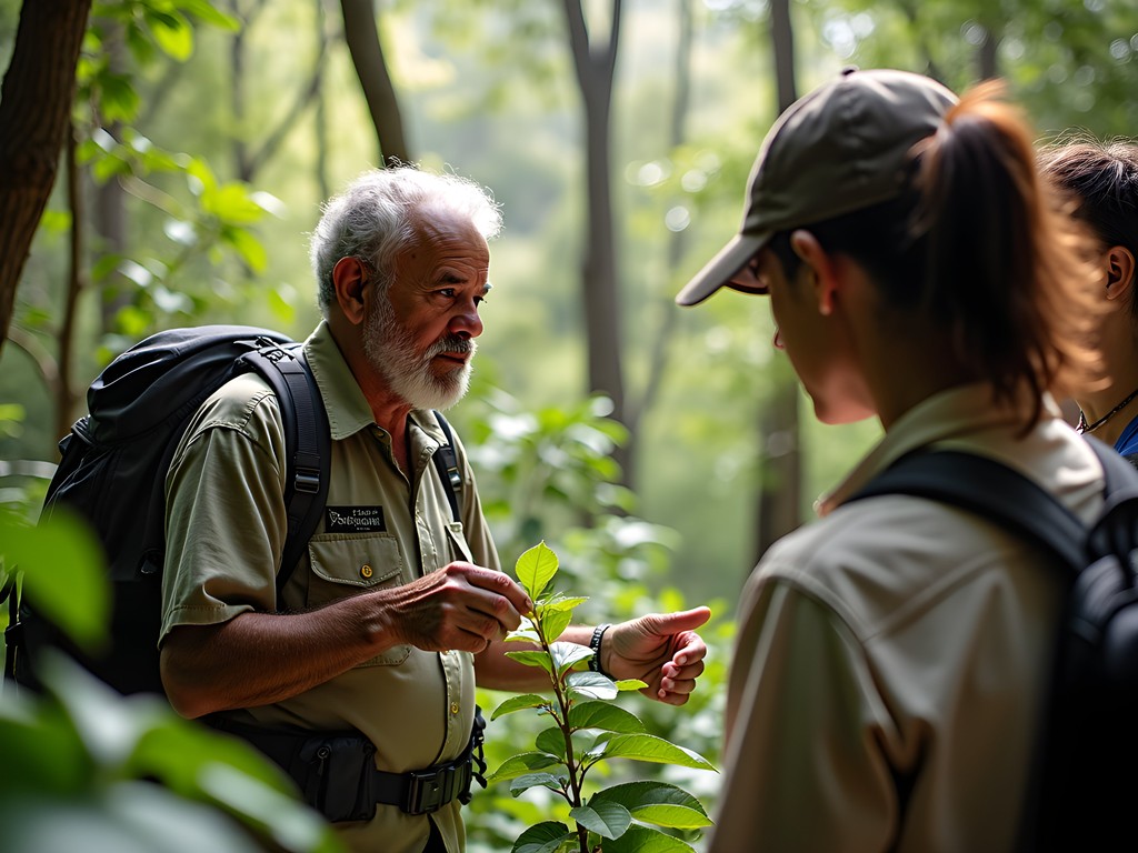 Indigenous guide showing trekking group medicinal plants in Rurrenabaque forest