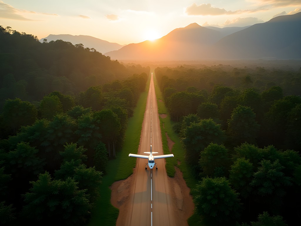 Small prop plane landing on Rurrenabaque's dirt airstrip with jungle mountains in background