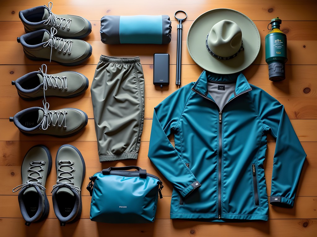 Organized trekking gear layout for Rurrenabaque expedition including hiking boots, layers, and equipment