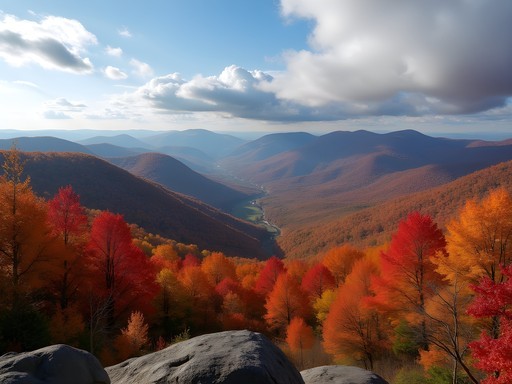 Panoramic autumn view from Deer Leap Trail overlooking Vermont's Green Mountains
