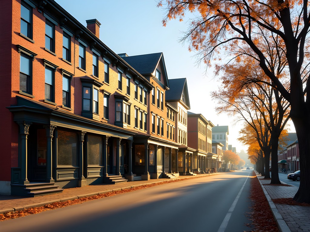 Historic architecture along Merchant's Row in downtown Rutland, Vermont during fall