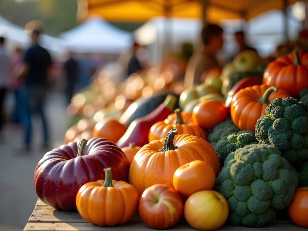 Colorful fall harvest display at Rutland Vermont Farmers Market with local produce