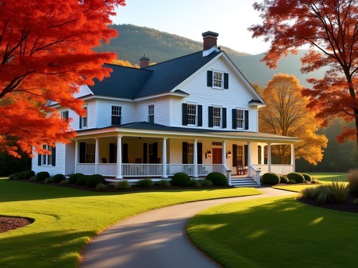 Historic Vermont inn with fall foliage and mountain backdrop near Rutland