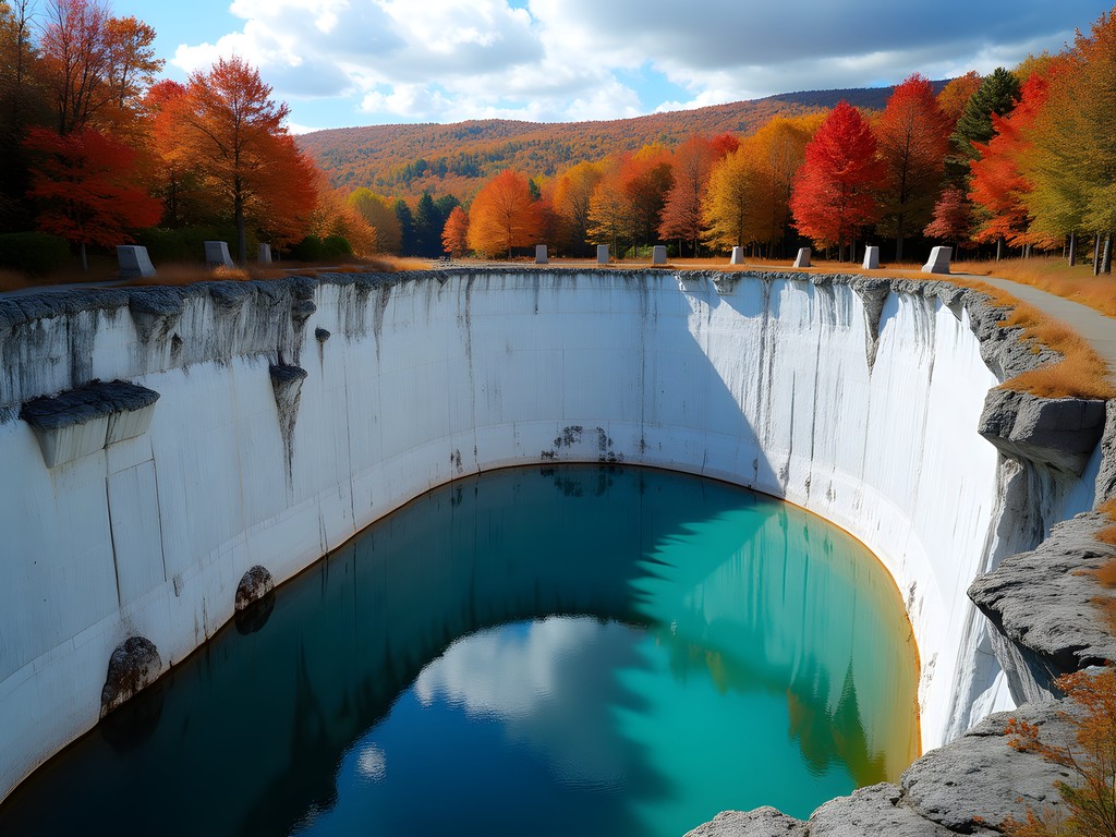 Flooded marble quarry with turquoise water and contemporary sculptures at West Rutland Art Park