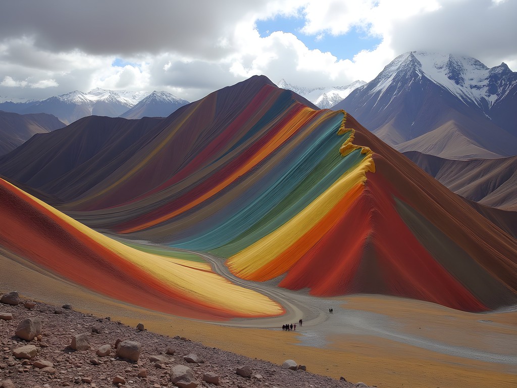 Colorful mineral-striped rainbow mountains on the Ausangate Circuit with no tourists