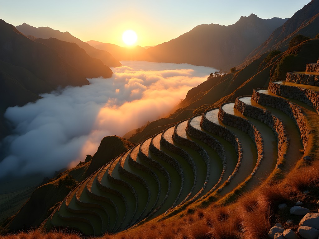 Sunrise over the terraced ruins of Choquequirao with morning mist in the valley