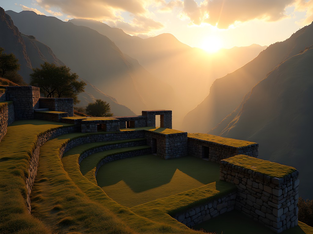Ancient stone ruins of Huchuy Qosqo in morning light with Sacred Valley views