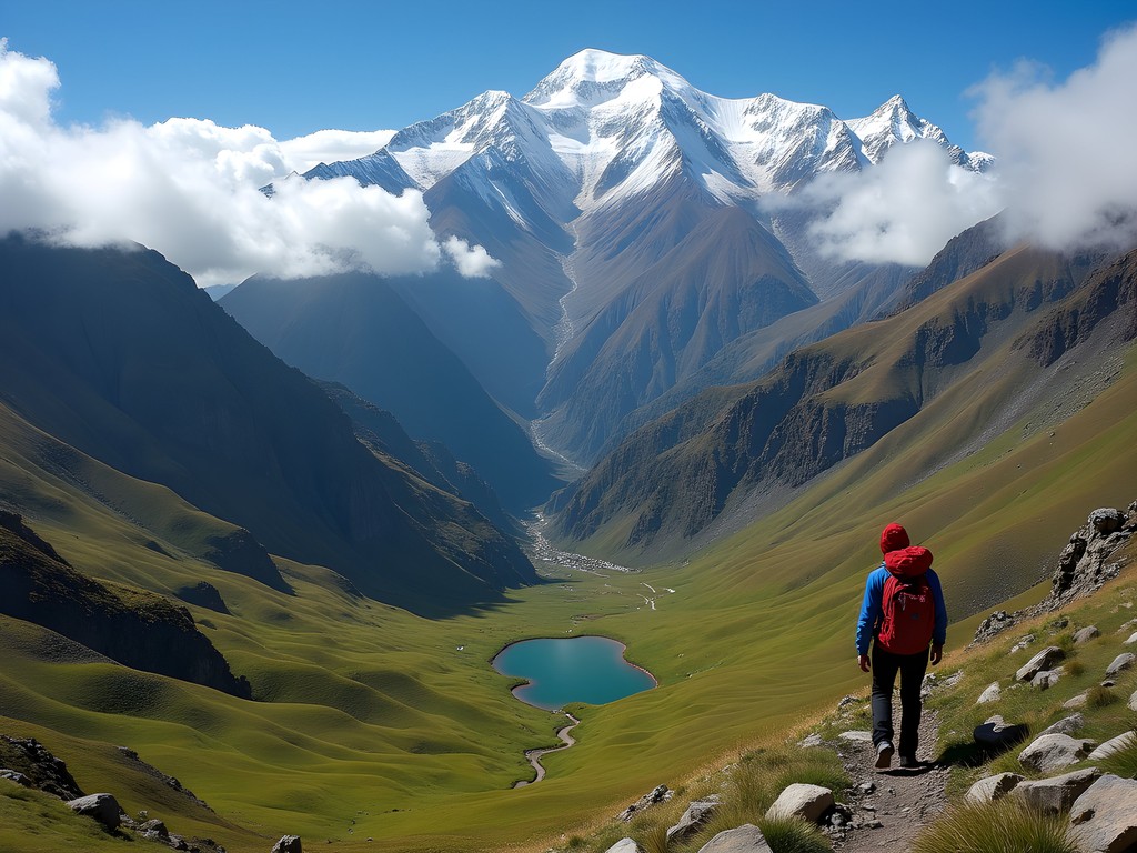 Panoramic view from Ipsaycocha Pass on the Lares Trek with snow-capped mountains