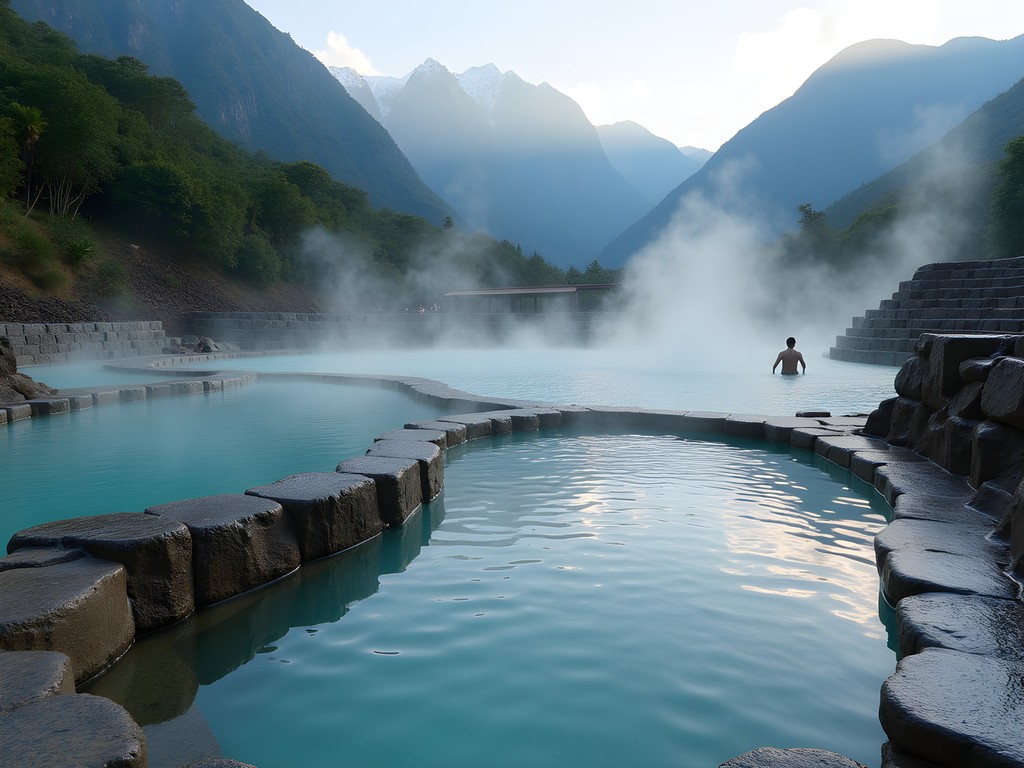 Natural hot springs at Colcamayo near Santa Teresa with Andean mountains in background