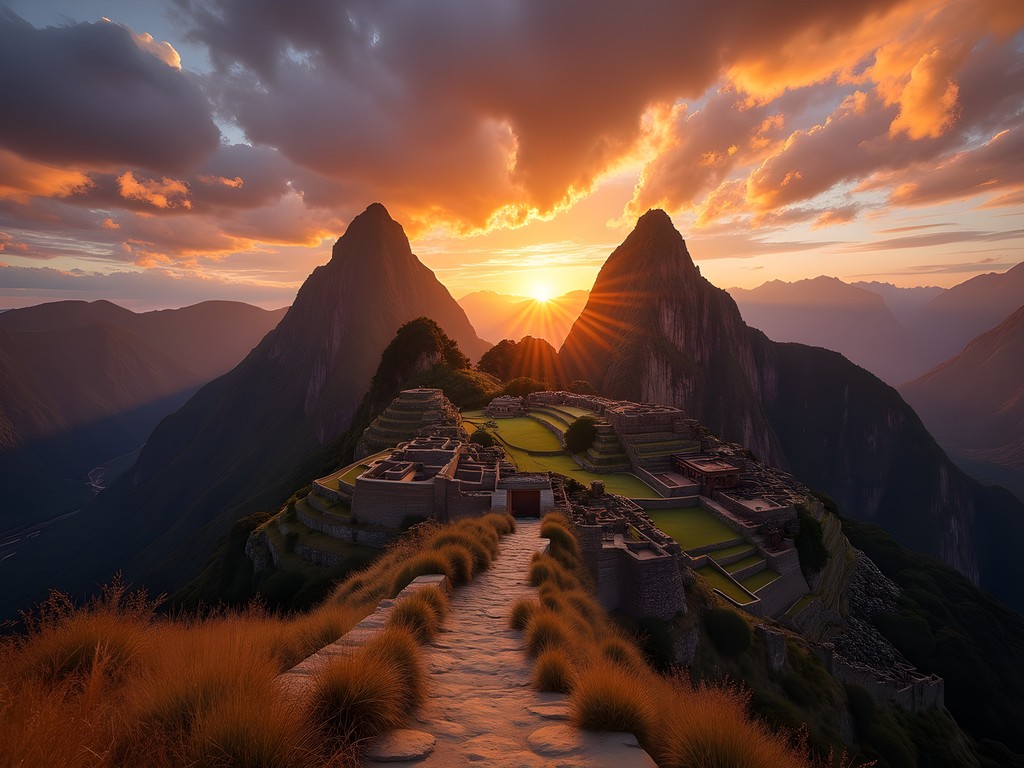 The distinctive twin peaks of Waqrapukara Inca fortress at sunset with ancient stonework