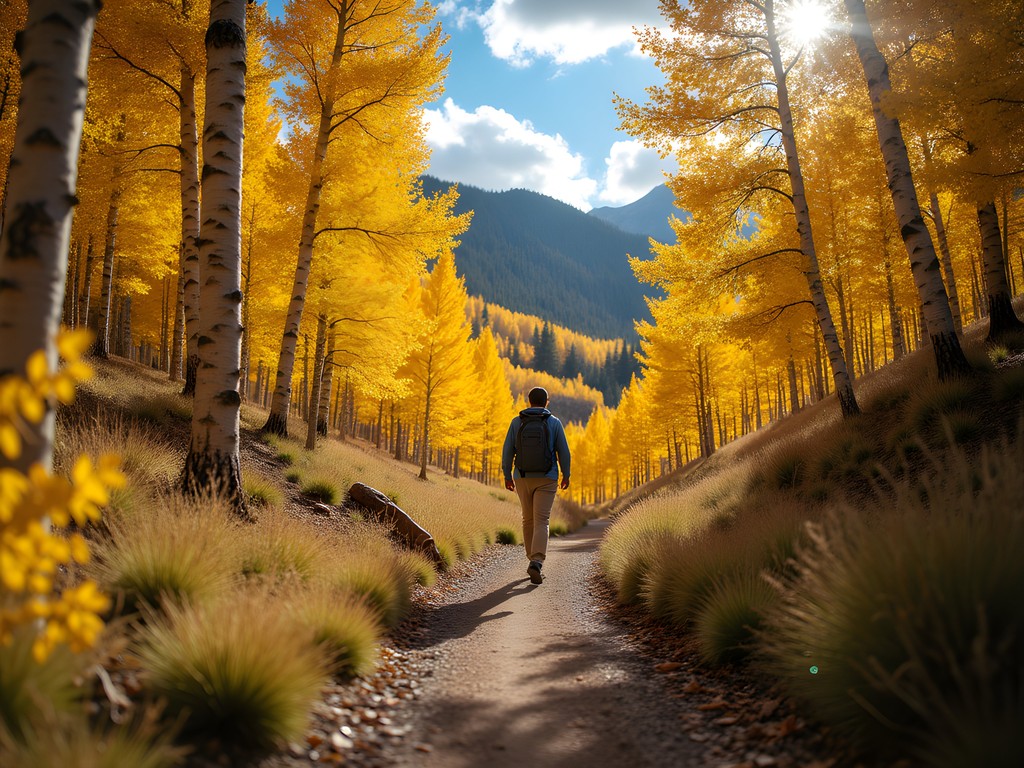 Golden aspen trees lining a mountain trail in Salt Lake City during fall