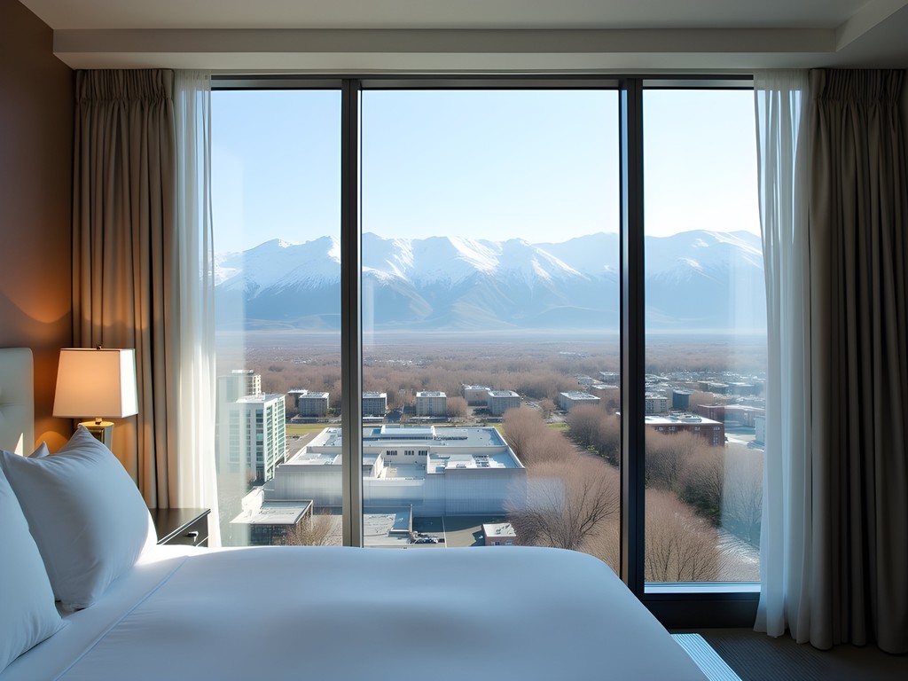 Hotel room with panoramic view of Salt Lake City and Wasatch Mountains