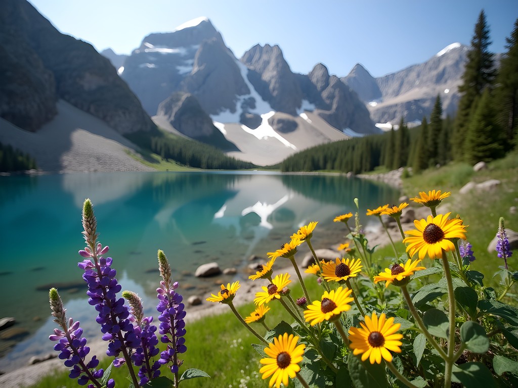 Cecret Lake surrounded by summer wildflowers with mountain backdrop in Alta