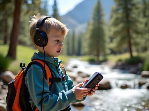 Child using portable recorder to capture nature sounds on mountain trail