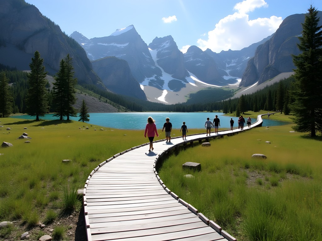 Wooden boardwalk winding around Silver Lake with Wasatch mountains in background
