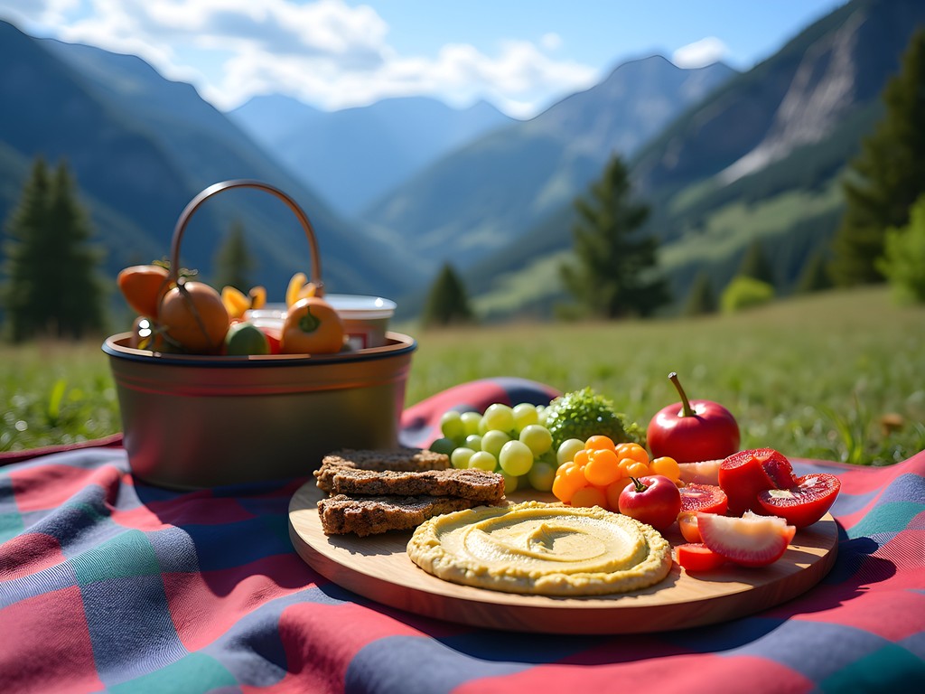 Vegan hiking lunch with mountain vista backdrop in Salt Lake City