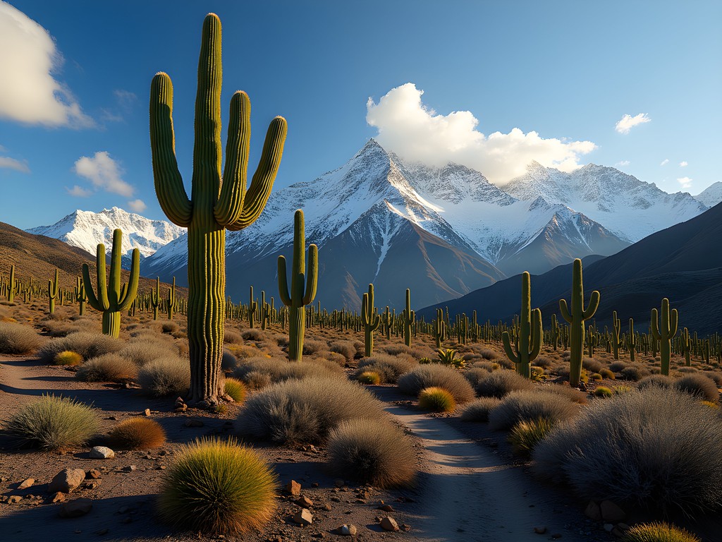 Giant cacti of Los Cardones National Park with snow-capped Andes mountains in background