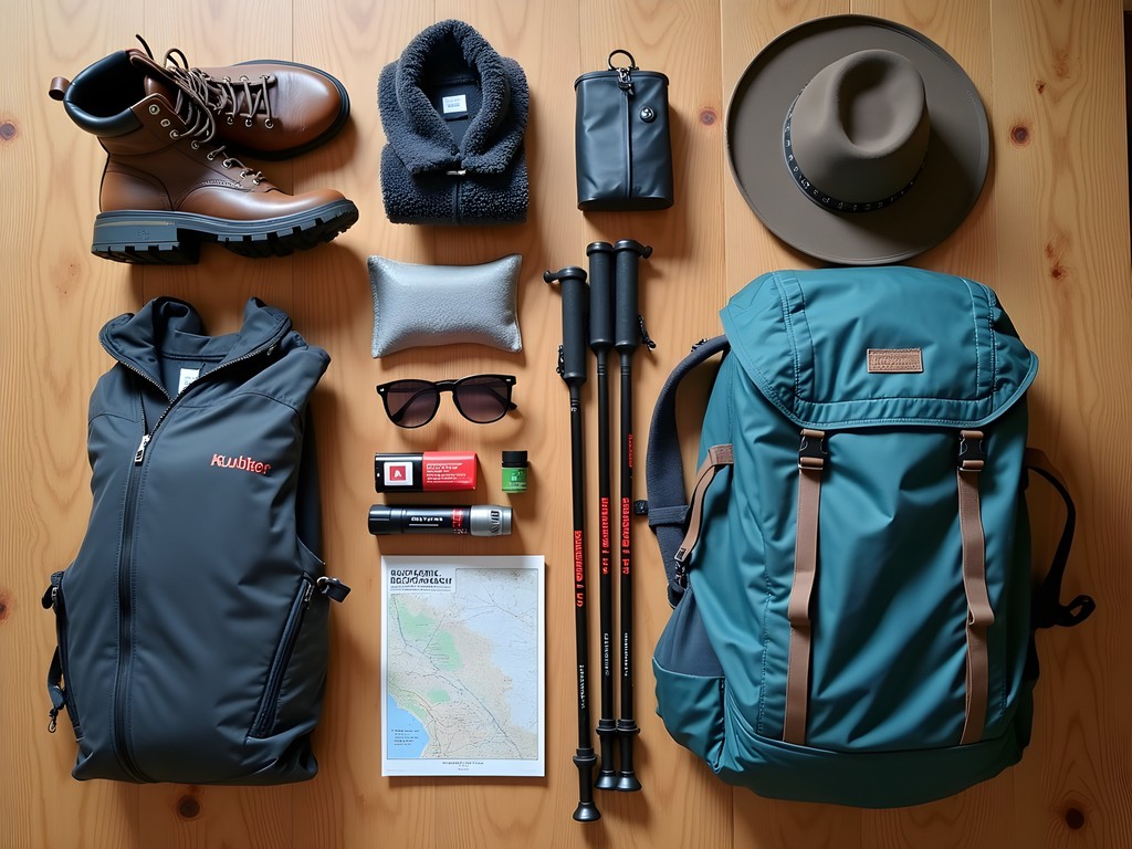 Essential hiking gear laid out for Andean mountain trekking in Salta