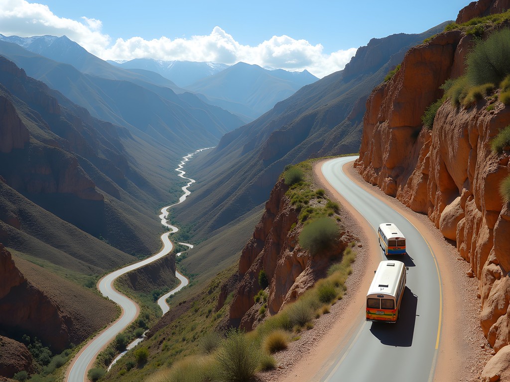 Local bus navigating a winding mountain road in Salta province with dramatic Andean landscape