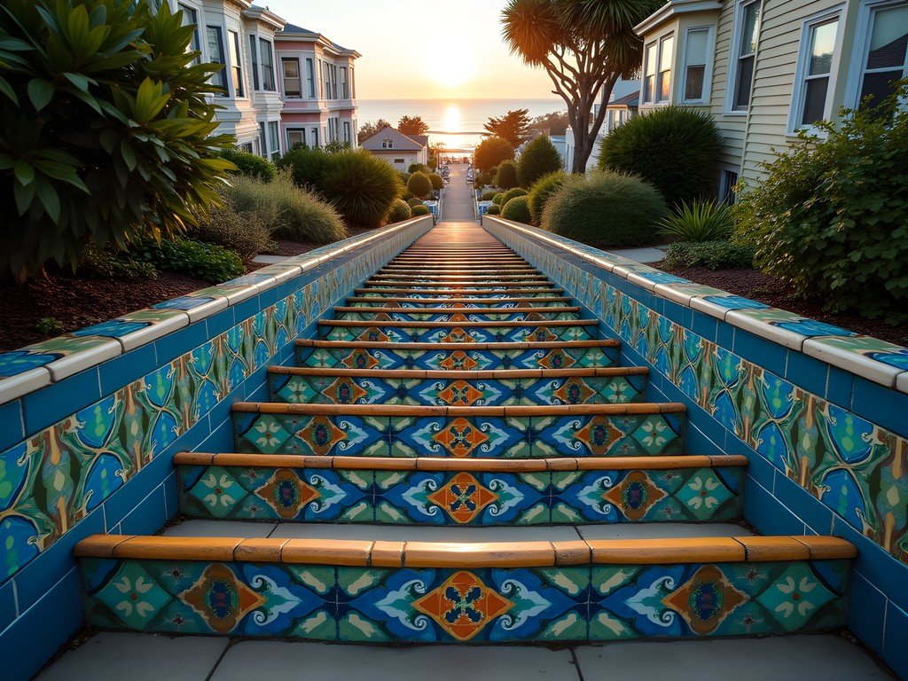 Morning light illuminating the colorful mosaic pattern of the 16th Avenue Tiled Steps in San Francisco