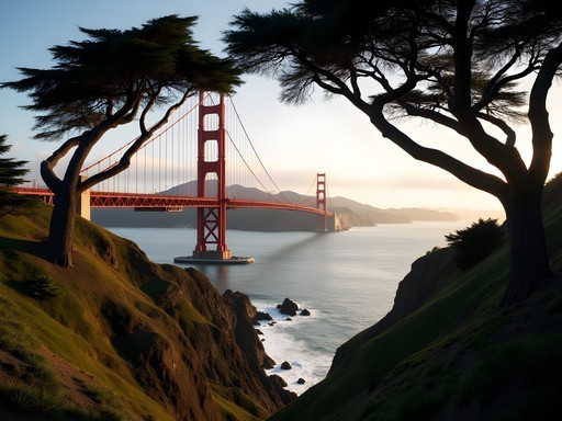 Golden Gate Bridge framed by cypress trees from Lands End Trail