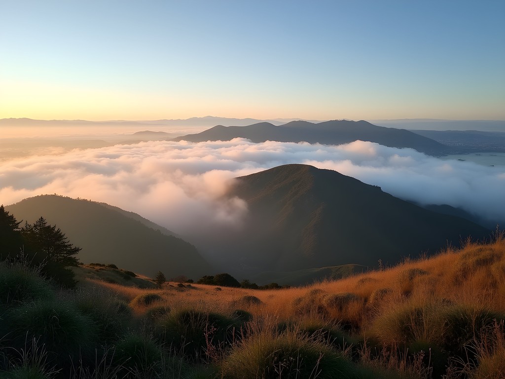 Dramatic fog rolling over Mount Tamalpais ridges with San Francisco Bay visible in distance