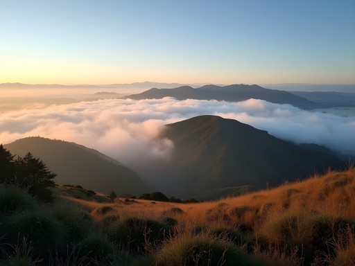 Dramatic fog rolling over Mount Tamalpais ridges with San Francisco Bay visible in distance