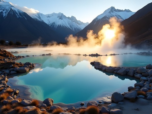 Steaming turquoise hot springs of Termas de Colina with Andean mountain backdrop