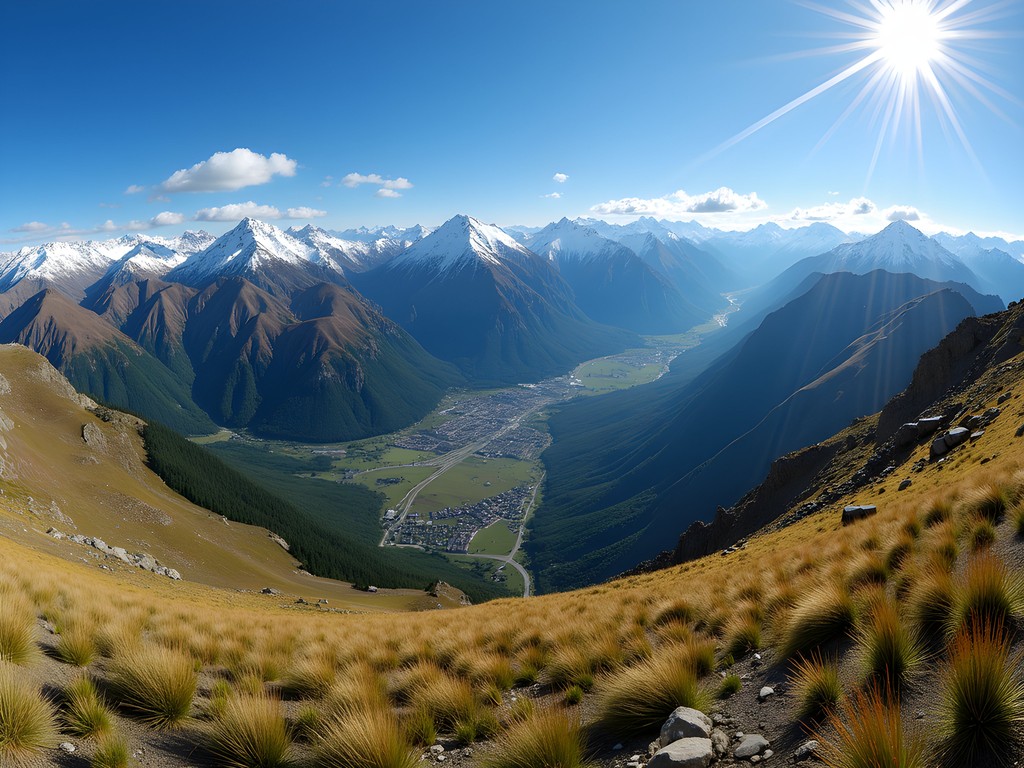 Summer panorama of Valle Nevado ski resort with Andean mountains