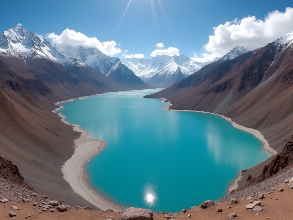 Stunning turquoise waters of Embalse El Yeso reservoir in the Andes mountains near Santiago