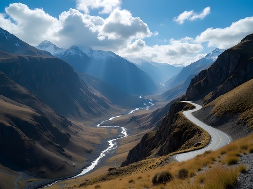 Winding mountain road through Cajón del Maipo with dramatic Andean scenery