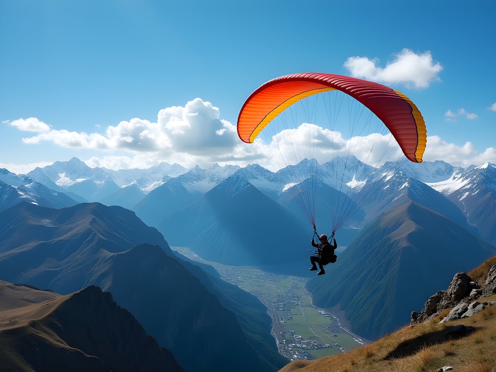 Tandem paragliding flight over the dramatic Andes mountains near Santiago