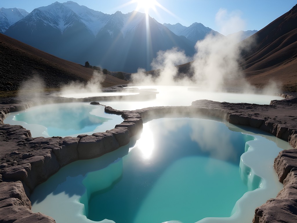Steaming natural hot springs at Termas Valle de Colina with dramatic Andean mountain backdrop