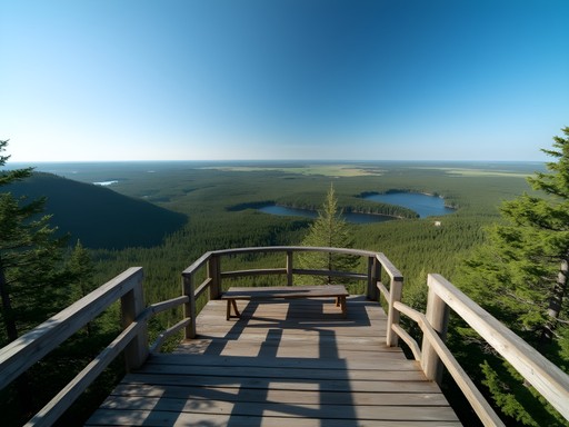 Panoramic view from Duck Mountain observation tower showing rolling forested hills and lakes