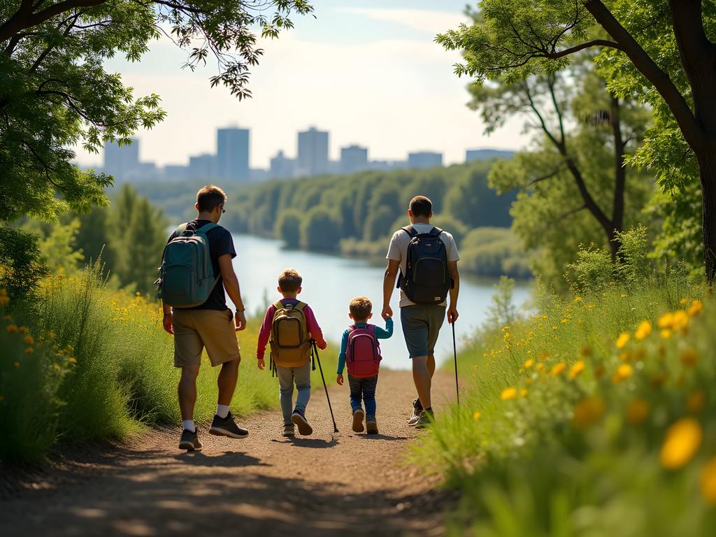 Family hiking on Meewasin Valley Trail in Saskatoon preparing for mountain day trips