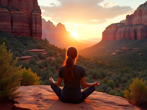 Person meditating at Boynton Canyon vortex site during sunset with red rocks glowing