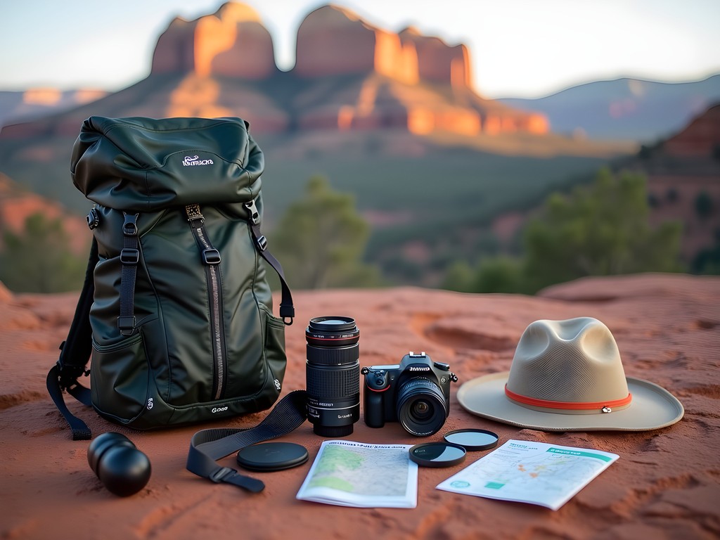 Photography gear arranged with Sedona red rock landscape in background