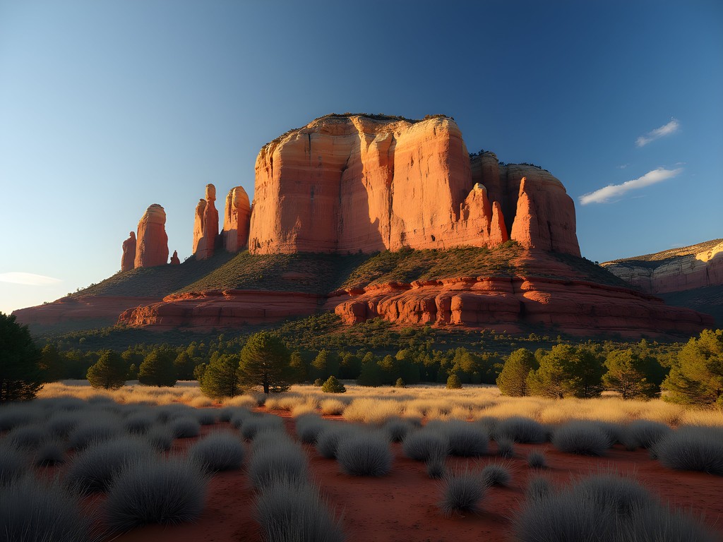 Cathedral Rock formation in Sedona at sunrise with dramatic light and shadows