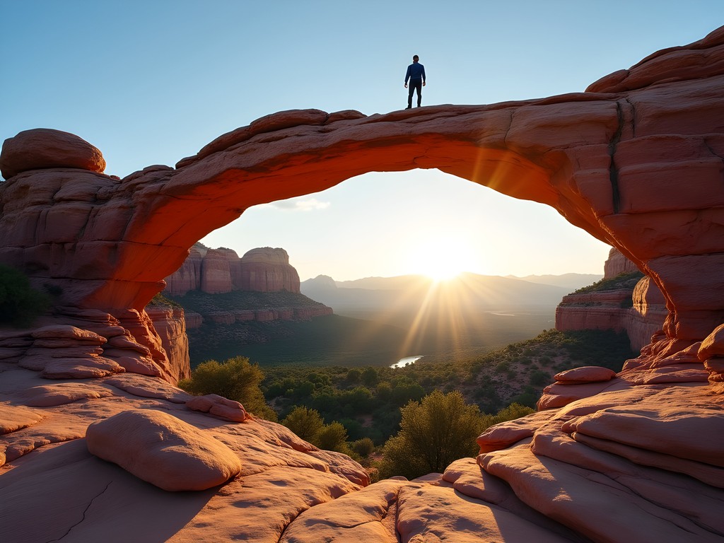 Silhouette of hiker on Devil's Bridge at sunrise with dramatic red rock landscape