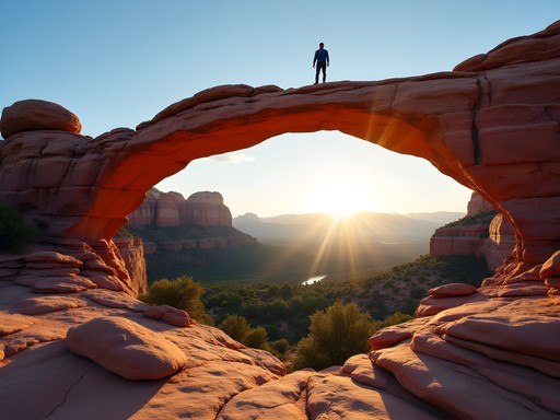 Silhouette of hiker on Devil's Bridge at sunrise with dramatic red rock landscape