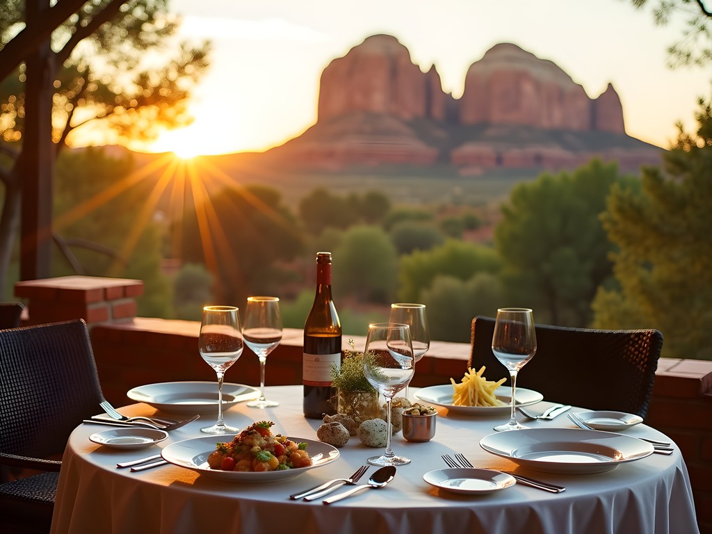 Outdoor dining table with Sedona red rock formations in background at sunset