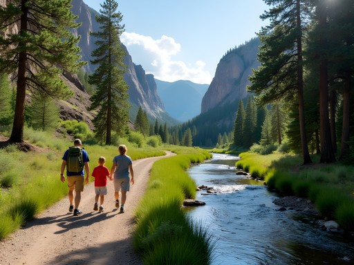 Family hiking along Tongue River Canyon trail with mountains and river views