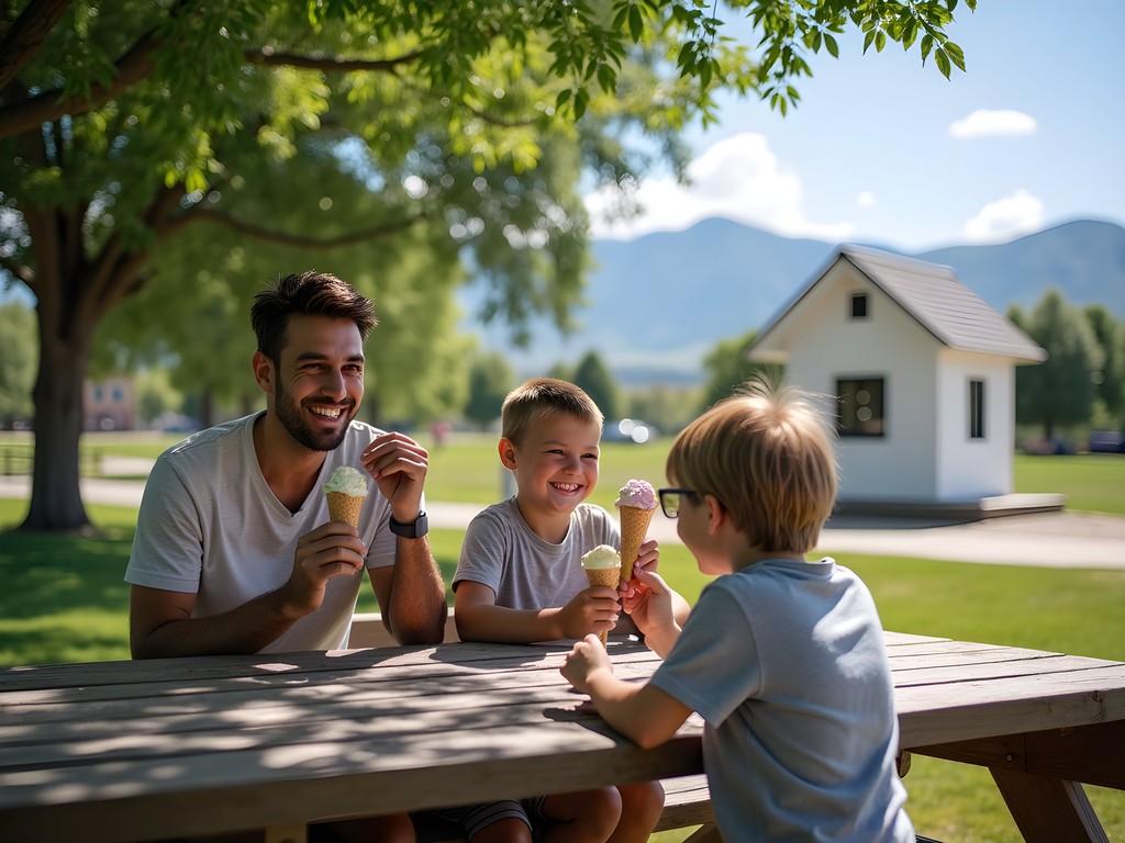 Family enjoying ice cream at Kendrick Park with mountain views and bison enclosure